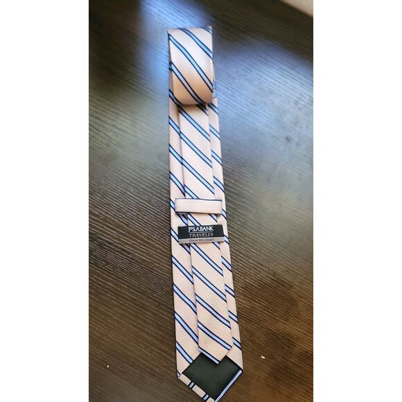 JOS. A. BANK Traveler Men's 100% Silk Necktie Designer Striped Blue/Tan EUC - Picture 7 of 7